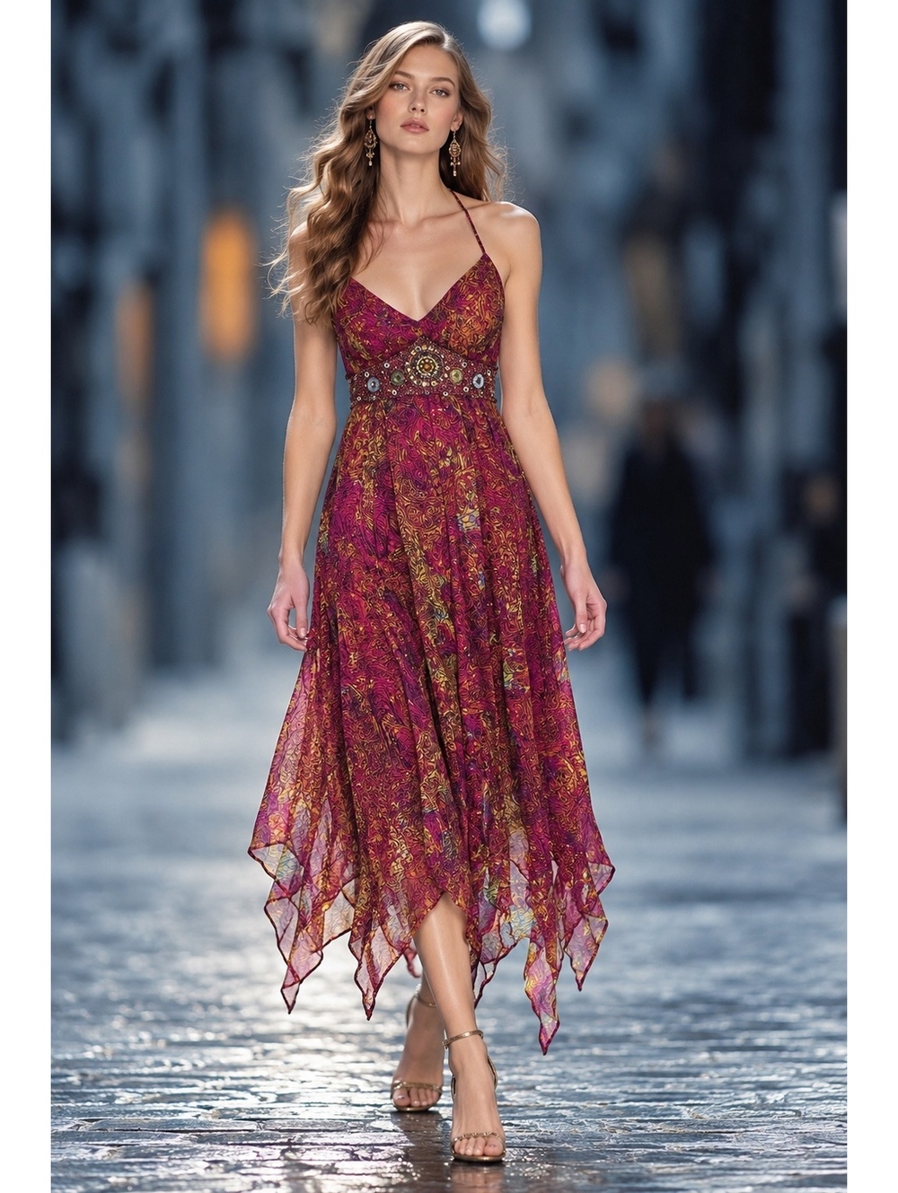 Y2K Sue Wong 100% Silk Beaded Halter Dress Handkerchief Hem 4 Fairy Whimsigoth